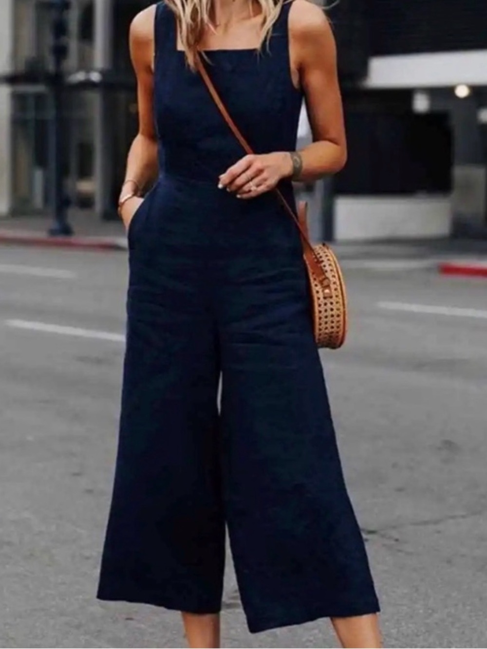 Everly Navy Wide-Leg Sleeveless Jumpsuit Tie Waist. Effortless